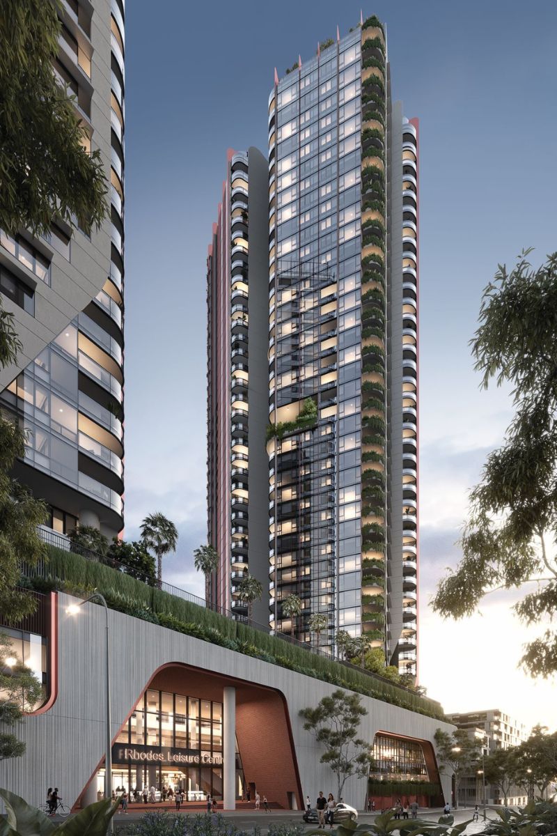 Render of Billbergia's under-construction Oasis residential tower at Rhodes in Sydney's inner-west. 