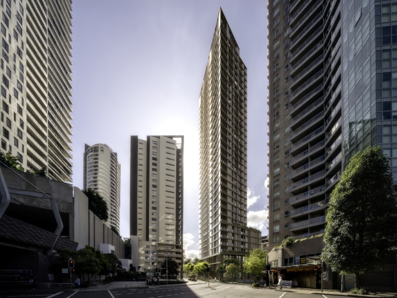 rendering of a single 35 storey tower on a high density road in chatswood.