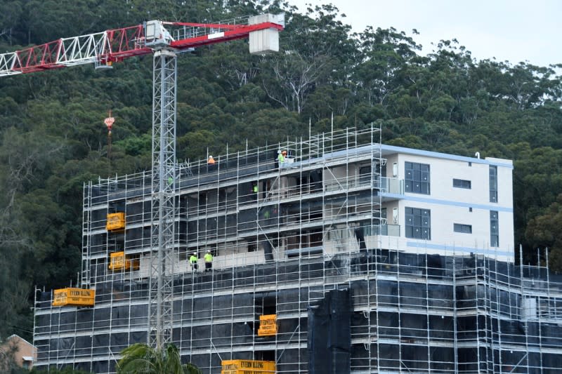 Construction workers working on a new social housing complex in Gosford in New South Wales as Labor announces policies to deliver more social and affordable housing.