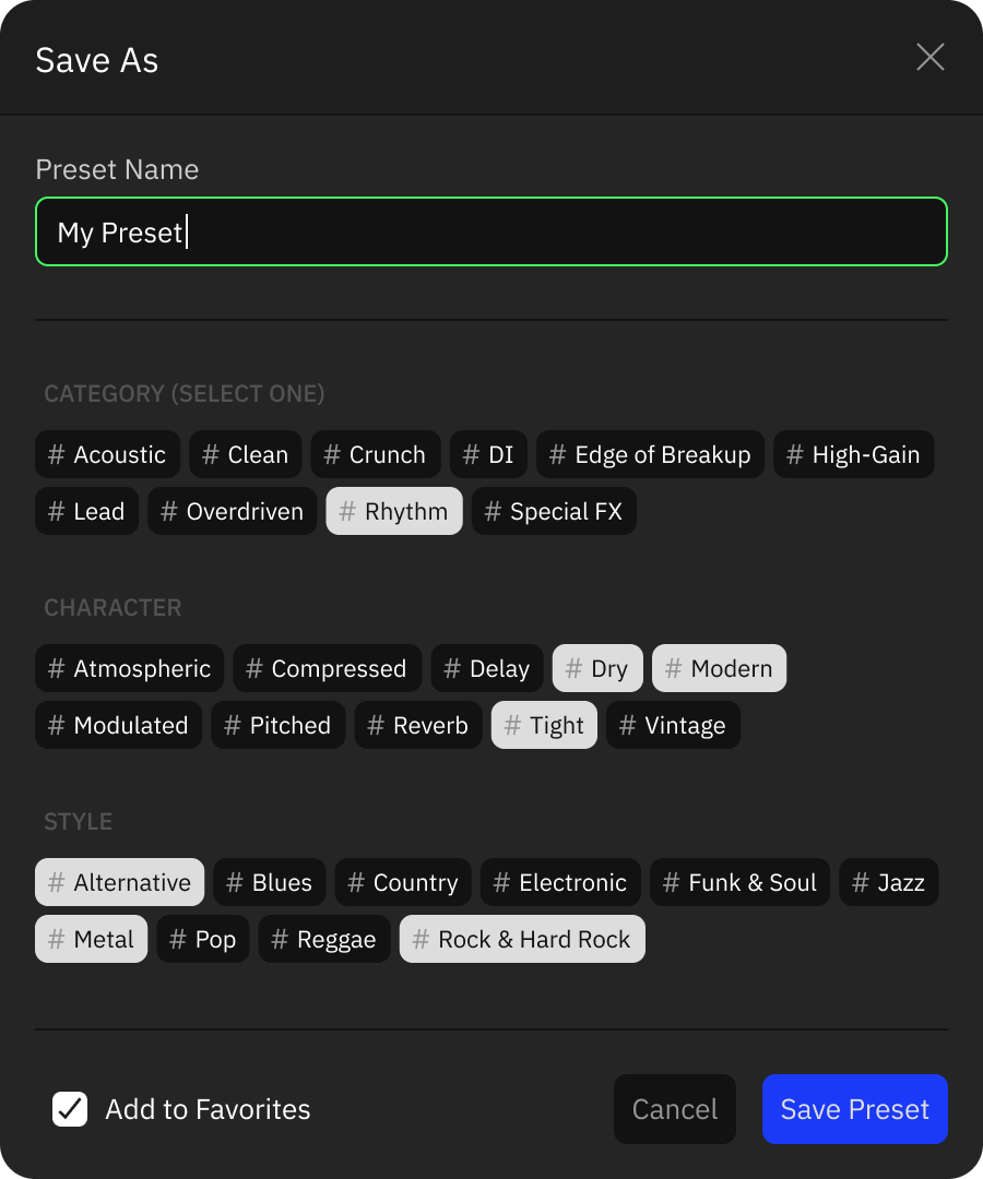 Save As window with some preset tags selected