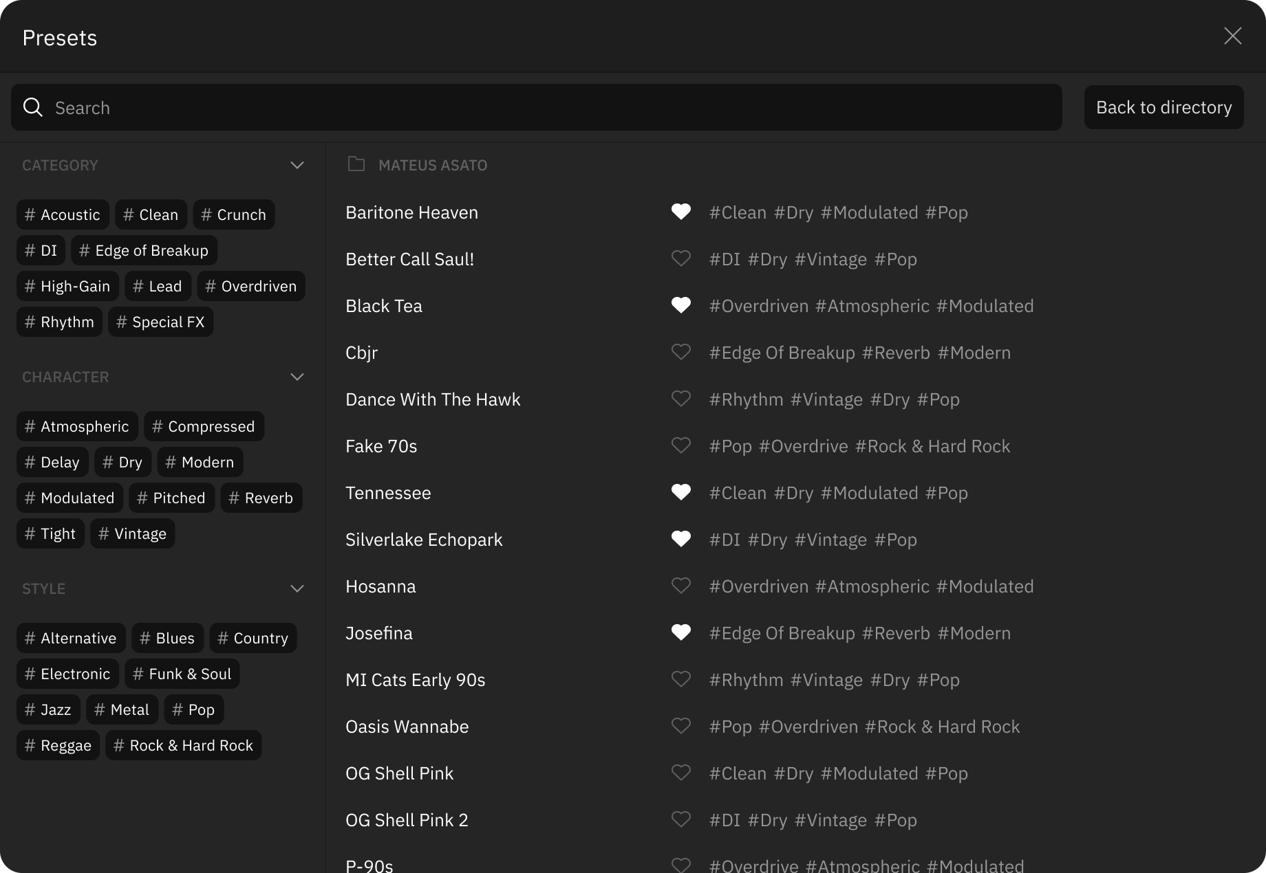 Preset browser search window