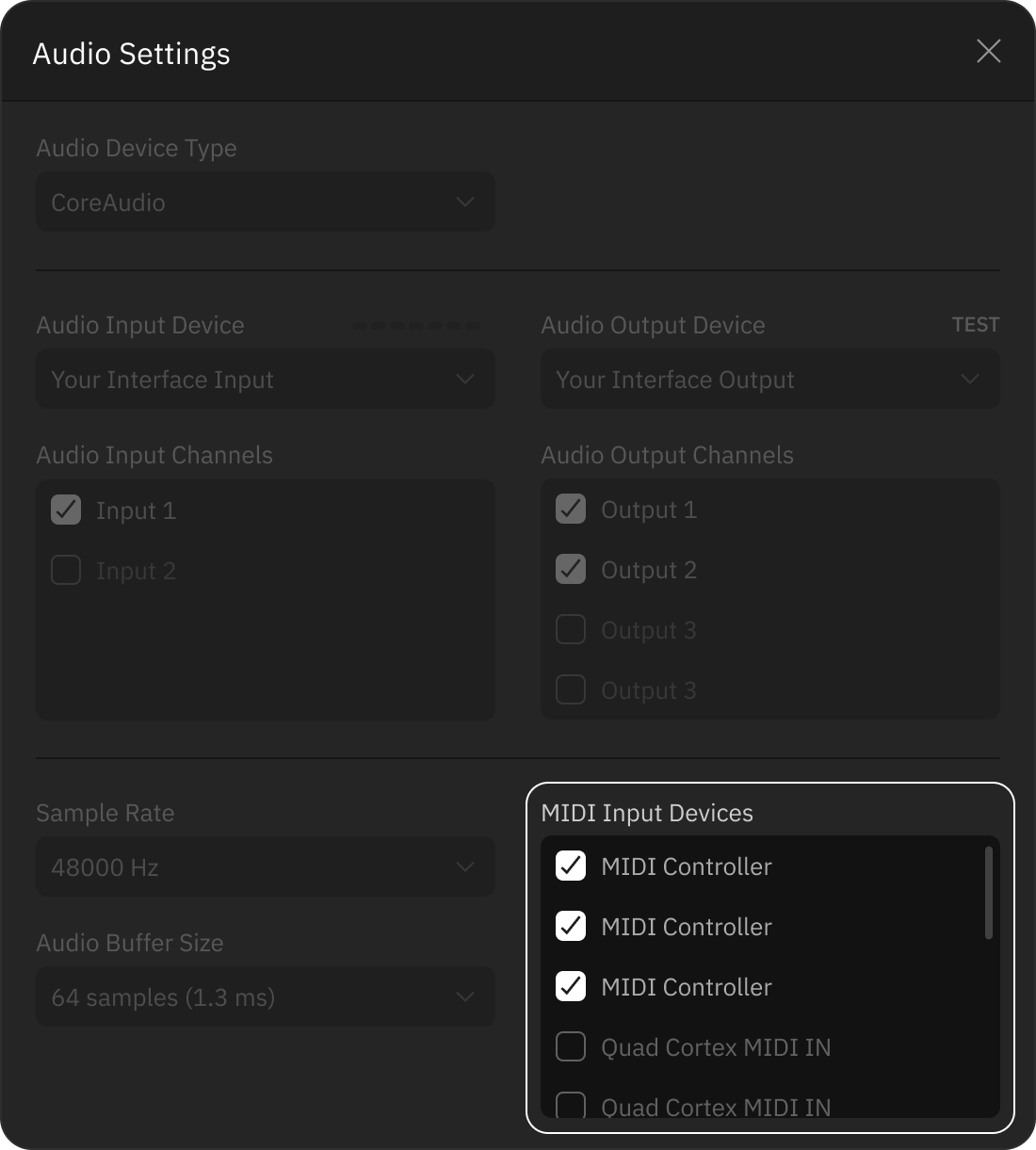 Audio settings with MIDI Input Devices highlighted