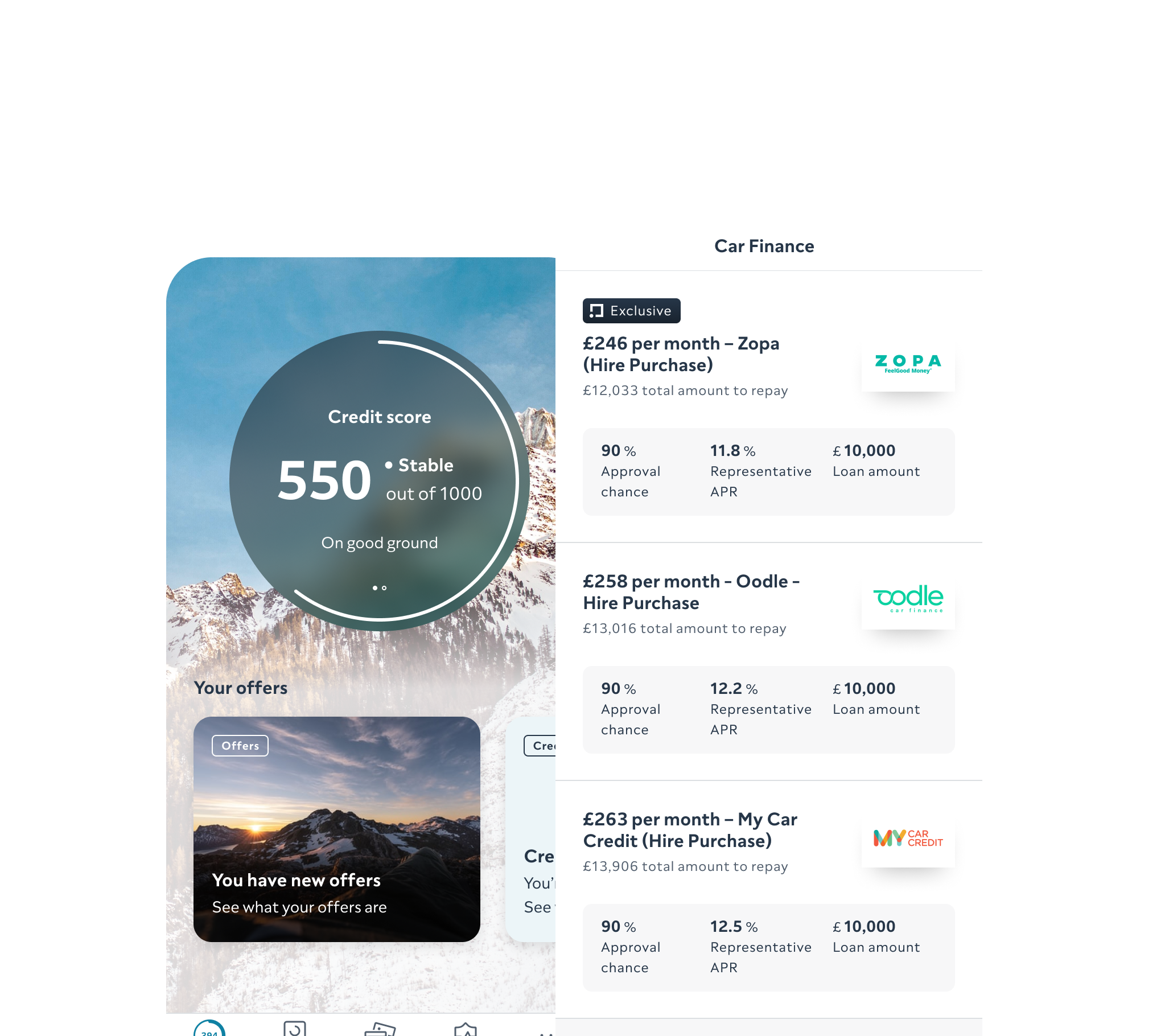 A view of some car finance offers on the ClearScore app