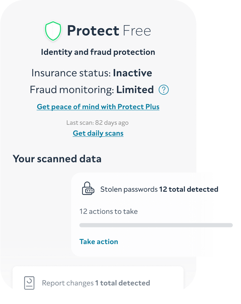 Image showing protect free interface. Protect your identity for free when you sign up with ClearScore. Get Protect Plus to monitor all your accounts and passwords.