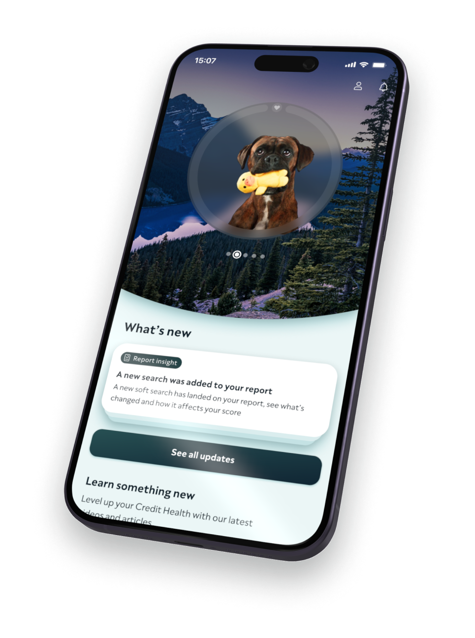 3D image of a phone with the ClearScore home screen that contains a picture of 'Moose the dog' holding a dog toy in their mouth.