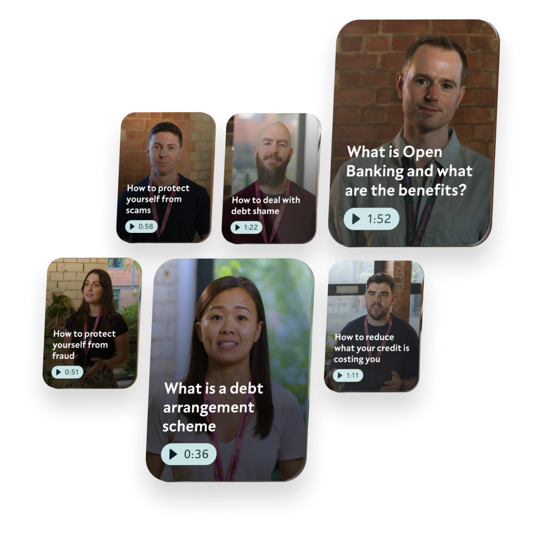Small images with previews of 'Help' style videos such as 'What is a debt arrangement scheme' and 'What is Open Banking and what are the benefits?'