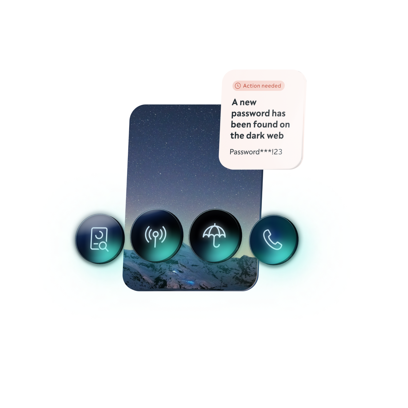 Card showing 'A new password has been found on the dark web', and icons for credit report, dark web monitoring, insurance and 24/7 helpline.