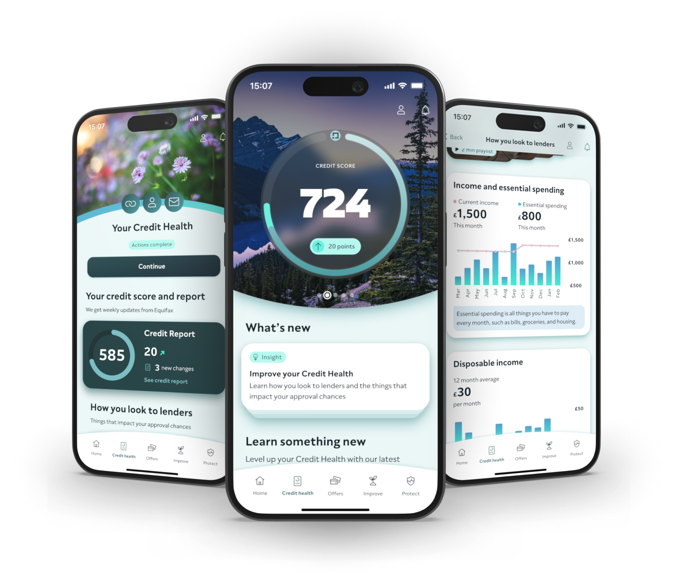 Three phone screens showing the new ClearScore home screen, Credit Health Overview, and How you look to lenders.