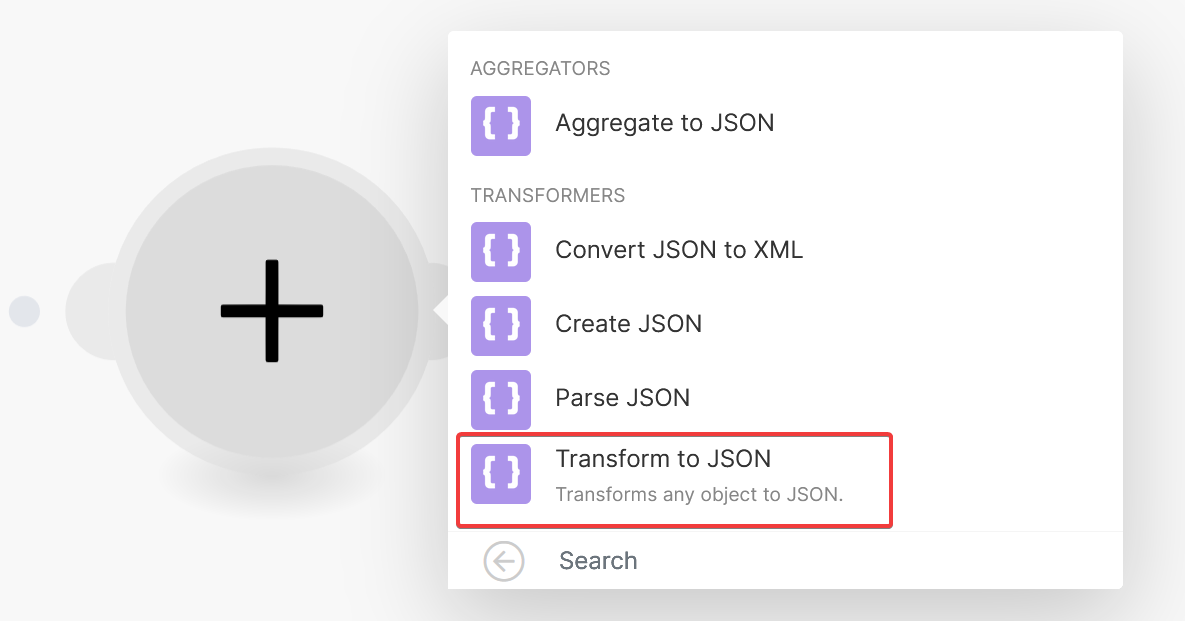 Add the Transform to JSON action