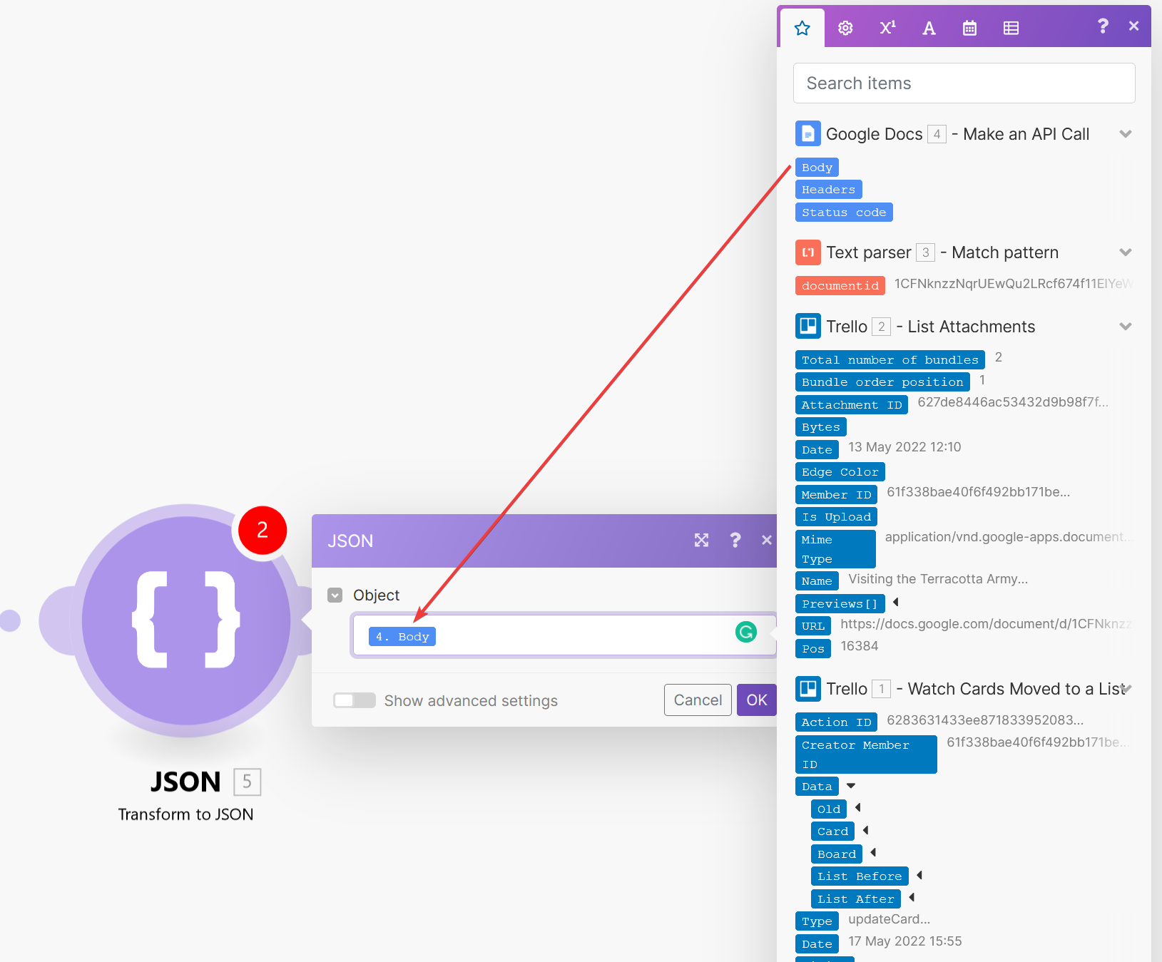 Configure the Transform to JSON action