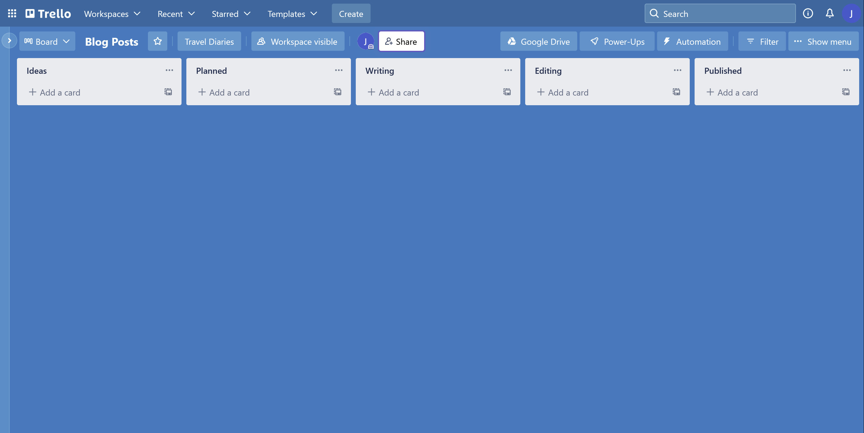 The configuration of the Trello board used for the Content Calendar