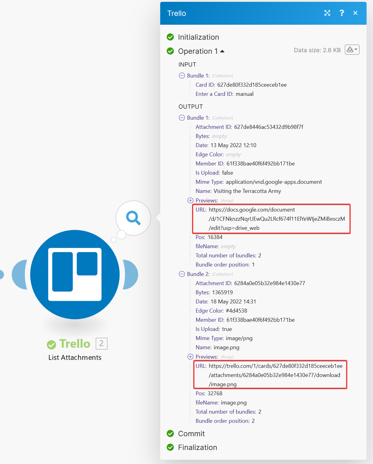 Review the output bundles from the List Attachments action