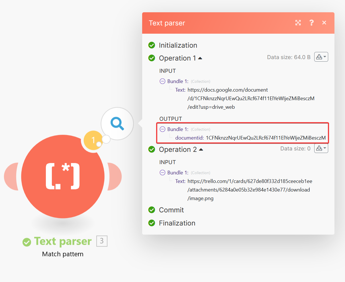 Review the output of the Match Pattern action