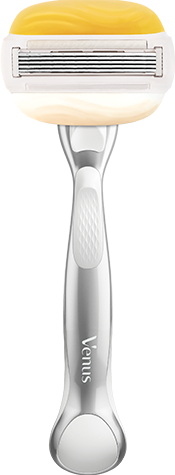 Venus Comfortglide & Olay Coconut women's razor with a yellow moisturizing strip and ergonomic handle for a smooth shaving experience.
