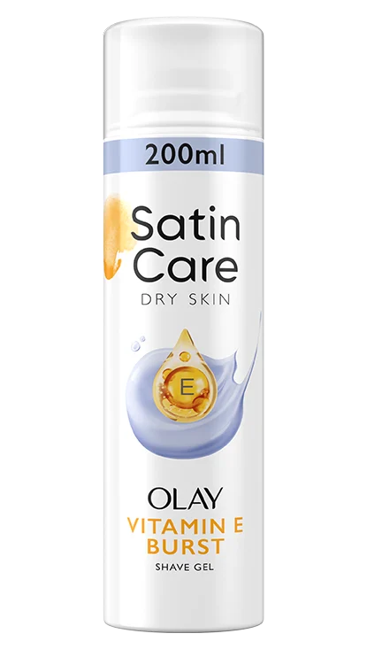 Satin Care Dry Skin Shave Gel by Olay with Vitamin E for smooth and moisturized shaving experience. 200ml bottle.