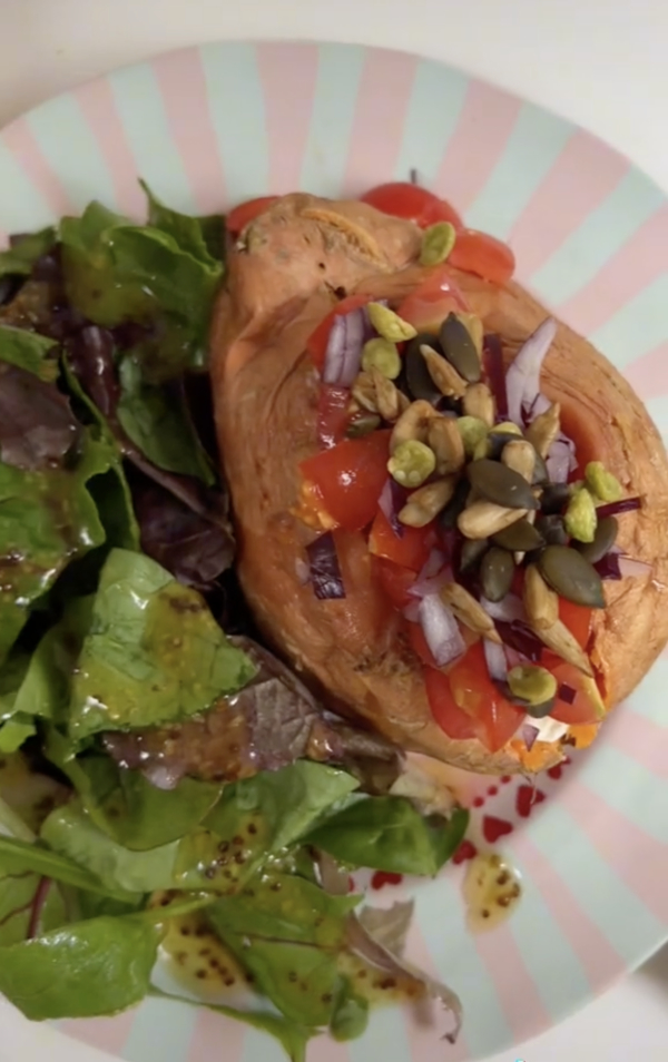 5-min sweet potato with boursin, tomatoes, and nuts