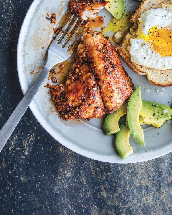 cajun catfish with over-easy eggs