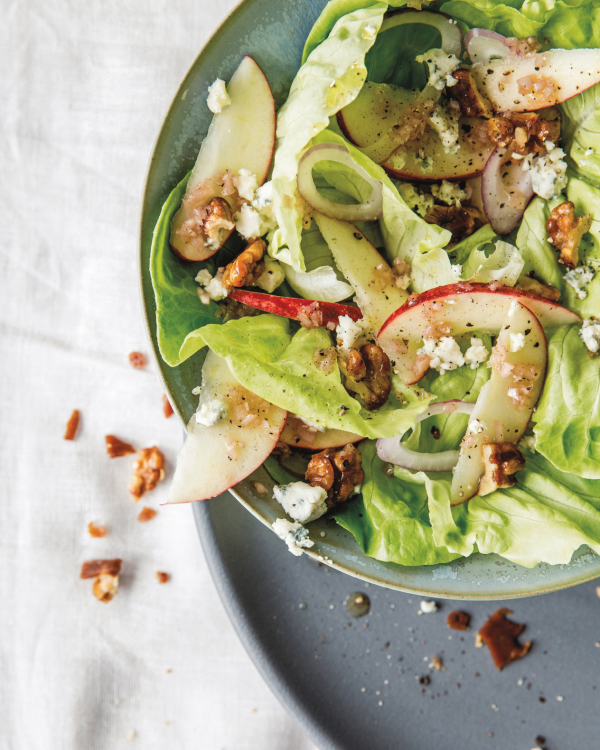 butter lettuce with blue cheese and cayenne-candied walnuts