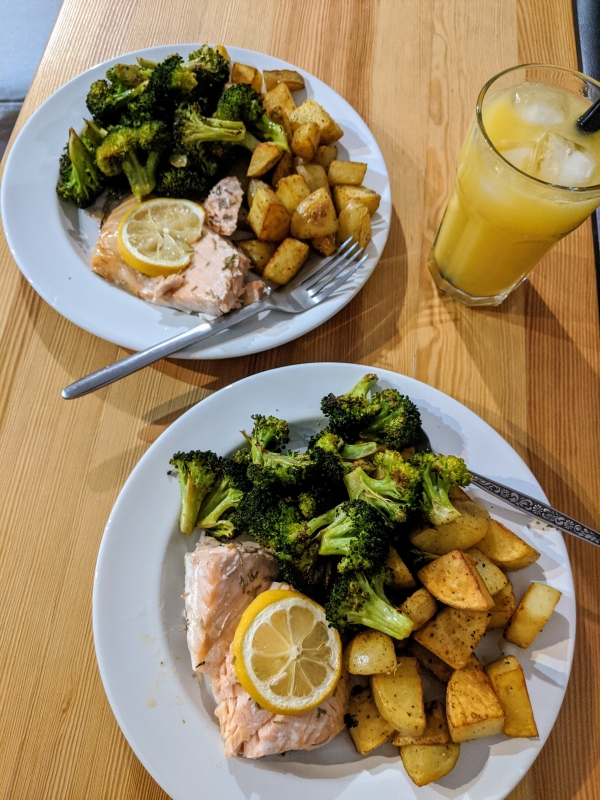 lemony salmon, charred broccoli & home fries