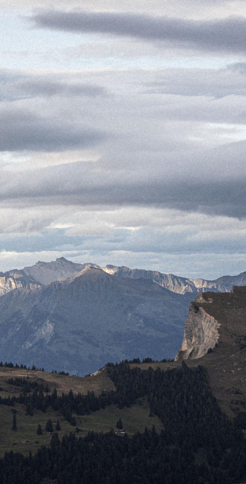 Montagne blu sfumate sotto un cielo grigio e nuvoloso, con una cima rocciosa e colline scure coperte da foreste in primo piano.