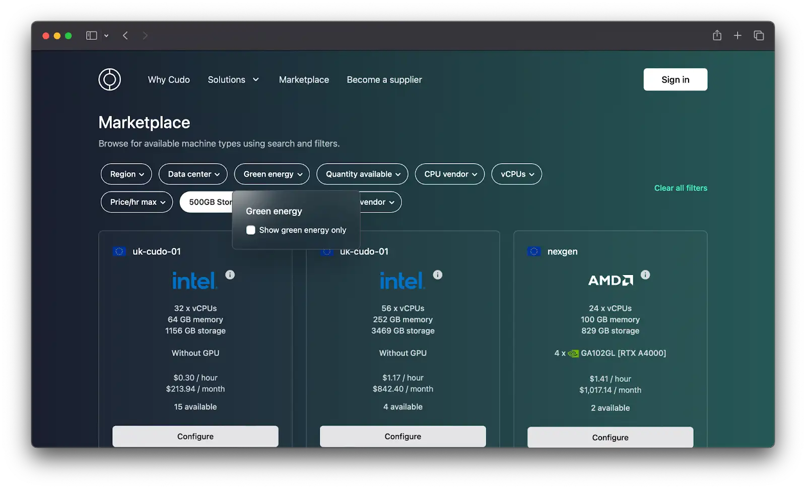 A screenshot of the CUDO Compute platform's marketplace 2022