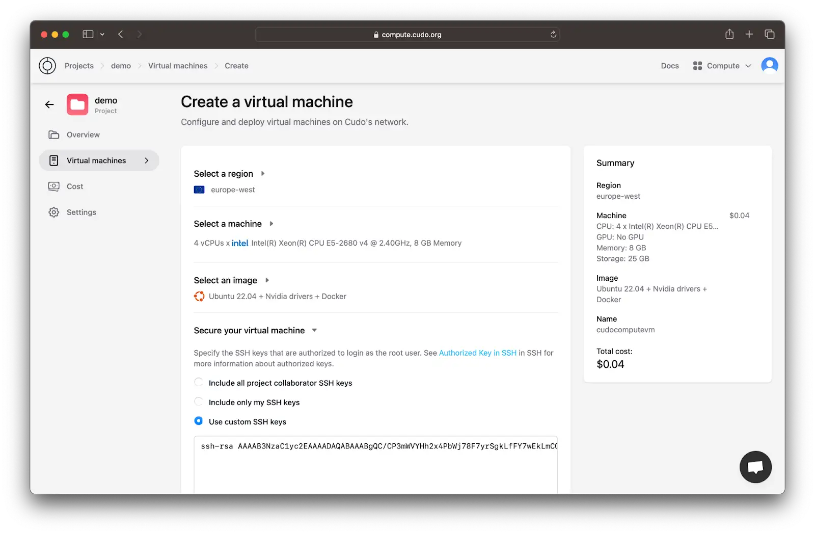 A screenshot of the CUDO Compute platform's advanced SSH key management feature - December 2022