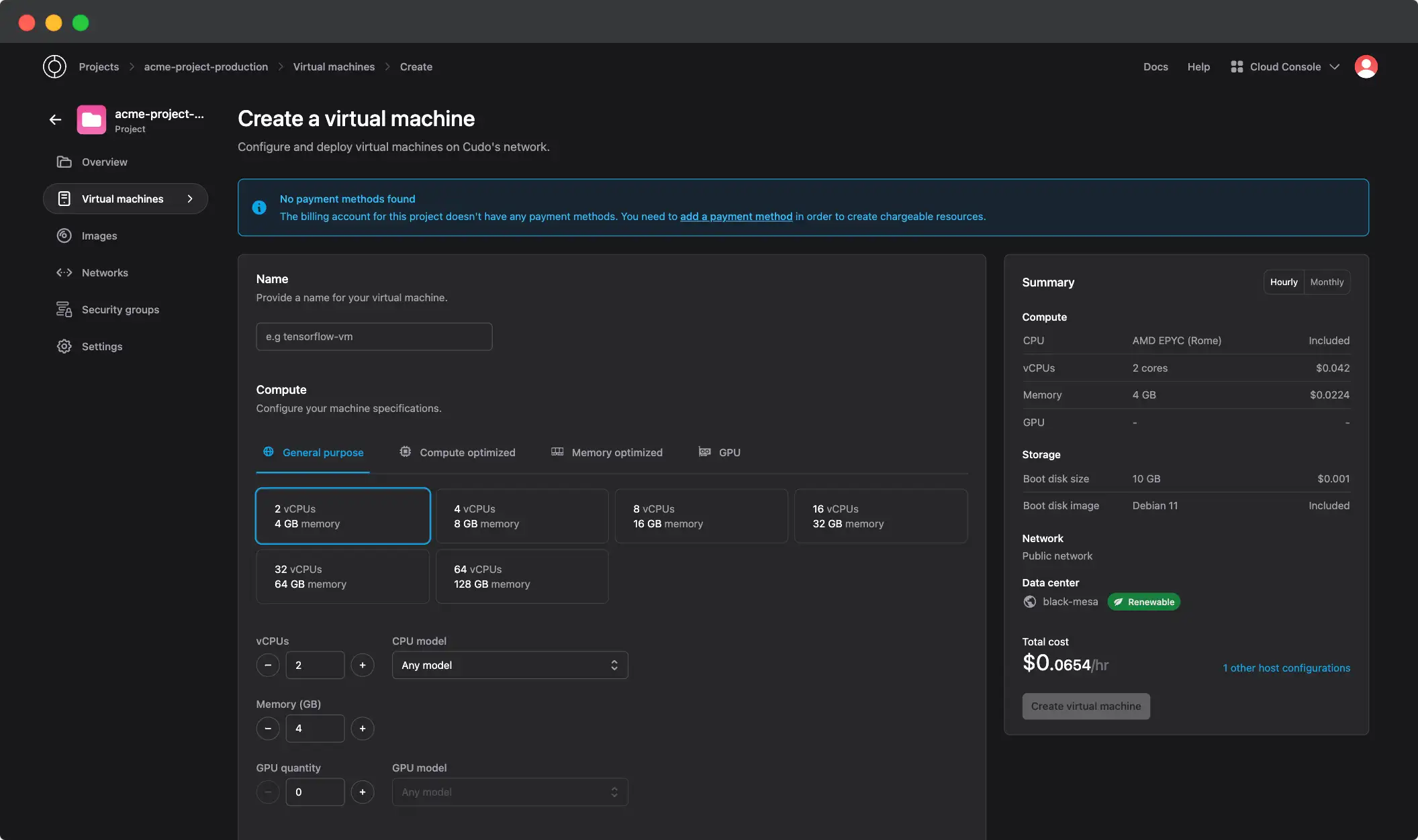 A screenshot of creating a virtual machine on CUDO Compute