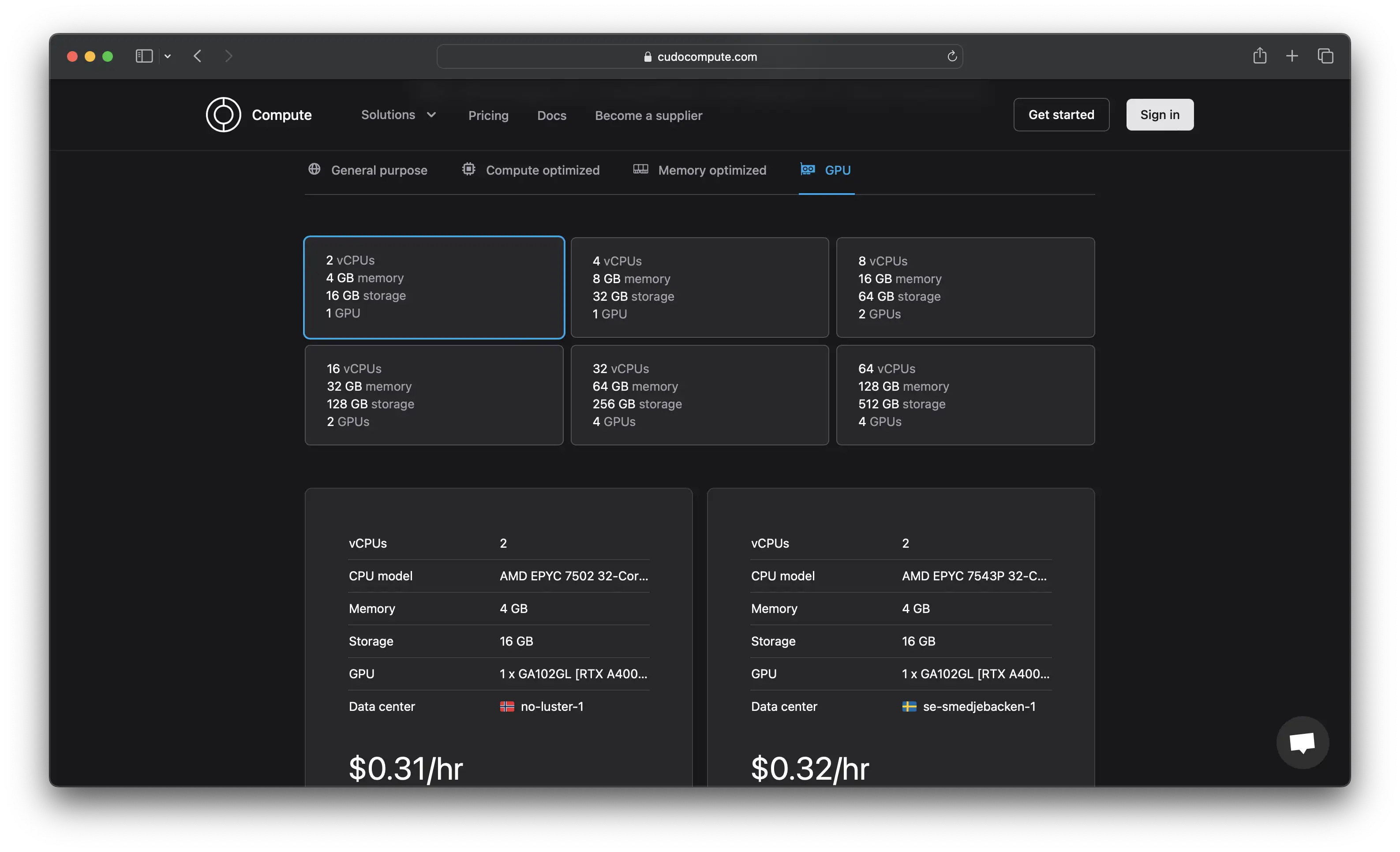 Screenshot of the CUDO Compute platform's new pricing page - April 2023