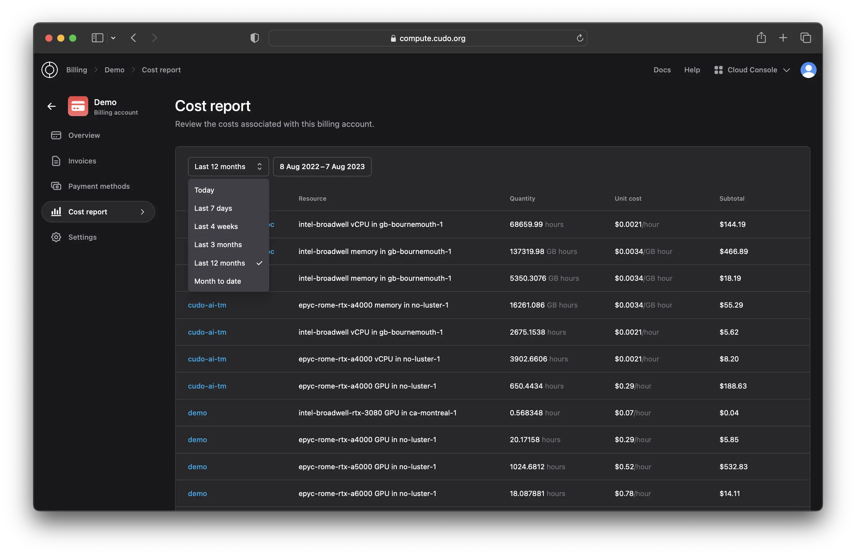 Screenshot of CUDO Compute's cost reporting feature - July 2023