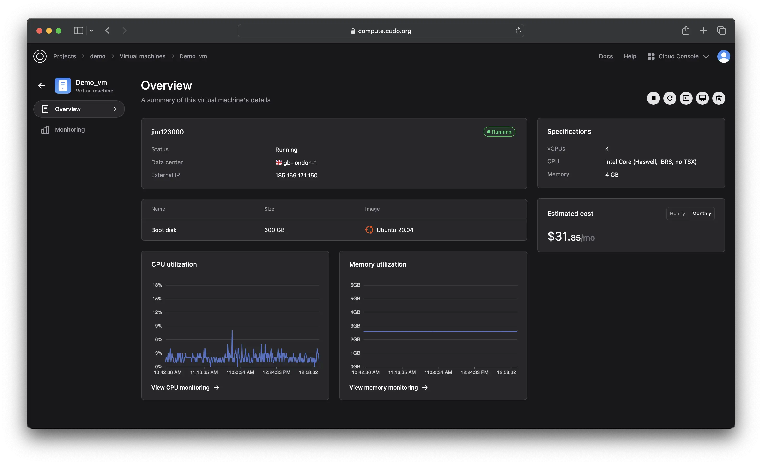 A screenshot of the CUDO Compute platform's virtual machine management page - May 2023