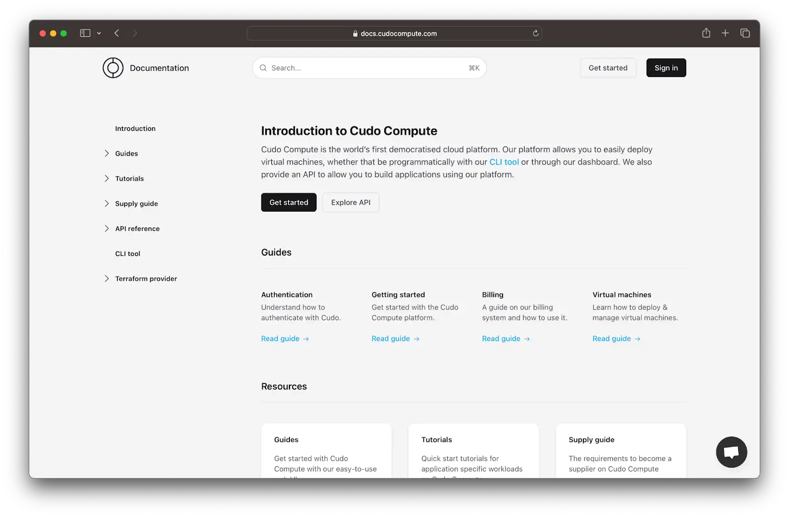 A screenshot of the CUDO Compute platform's documentation portal - Jan 2023