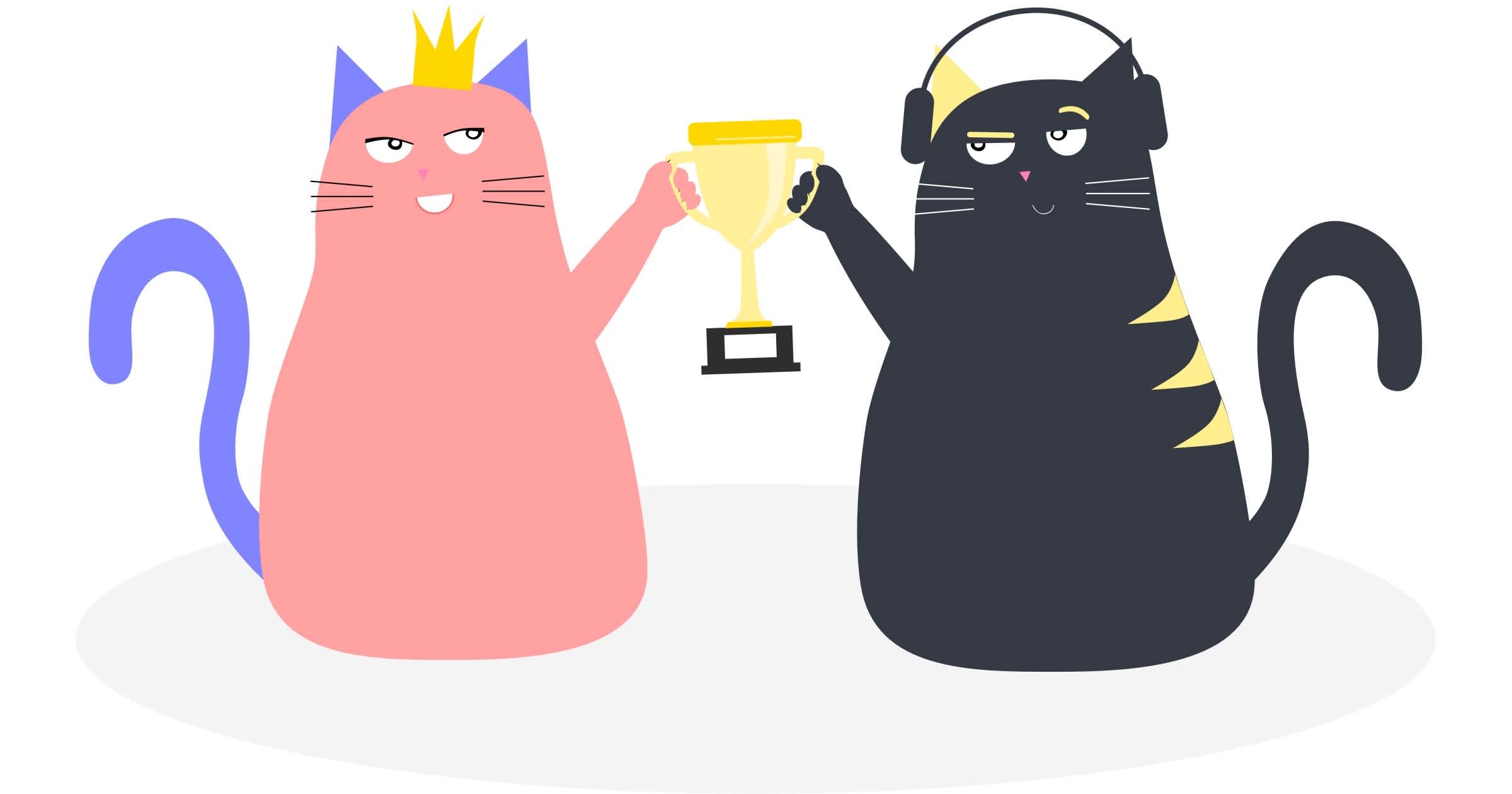 Two cats holding trophy