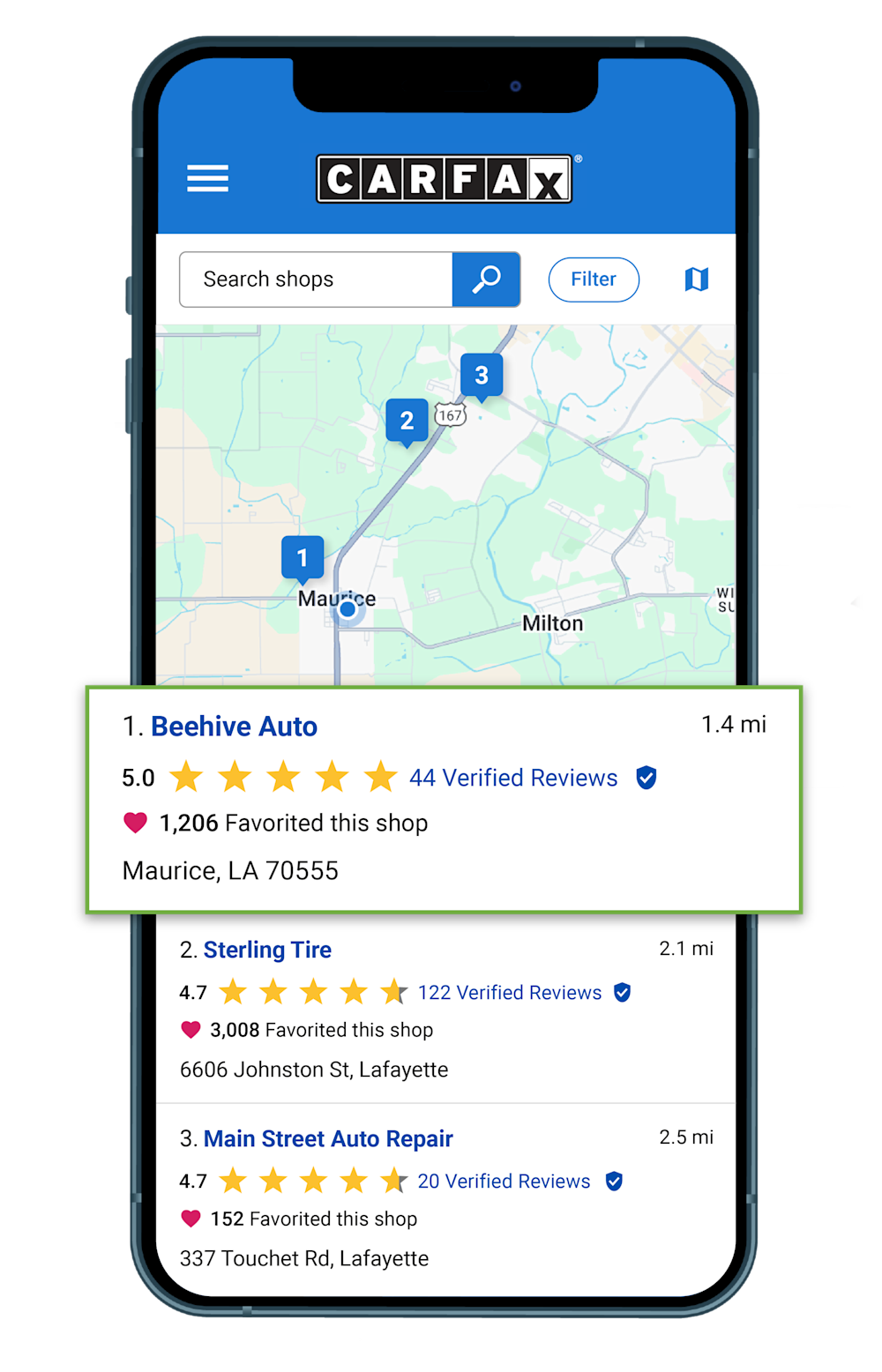 A smart phone displaying the Carfax Car Care Service Directory