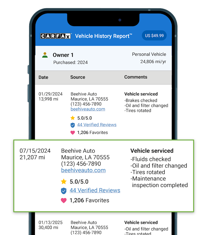 A smart phone displaying a Carfax history report, highlighting a service record