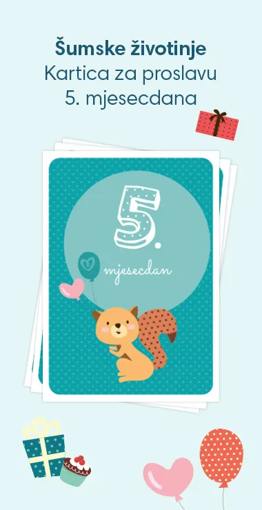 Slavljeničke kartice za proslavu 5. mjesecdana vaše bebe! Ukrašene veselim motivima uključujući preslatku vjevericu s party šeširićem i natpis: 5. mjesecdan