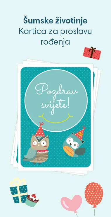 Slavljeničke kartice za proslavu rođenja vaše bebe. Ukrašene veselim motivima uključujući dvije sovice i poruku: Zdravo svijete!