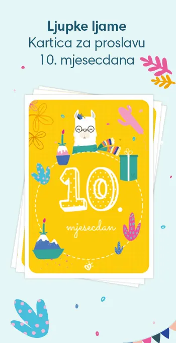 Slavljeničke kartice za proslavu 10. mjesecdana vaše bebe! Ukrašene veselim motivima uključujući ljupku ljamu i natpis: 10. mjesecdan