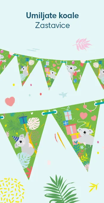 Naše su zastavice ukrašene zabavnim ilustracijama i motivima, s pozadinom jarke zelene boje, šarenim biljkama, darovima, balonima i umiljatom koalom!