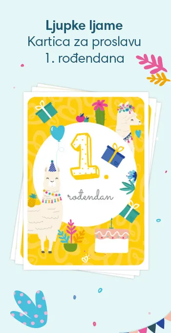 Slavljeničke kartice za proslavu 1. rođendana vaše bebe! Ukrašene veselim motivima uključujući ljupku ljamu i natpis: 1. rođendan