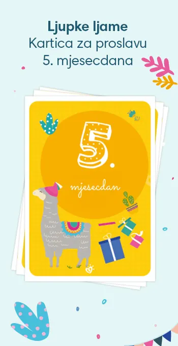 Slavljeničke kartice za proslavu 5. mjesecdana vaše bebe! Ukrašene veselim motivima uključujući ljupku ljamu i natpis: 5. mjesecdan