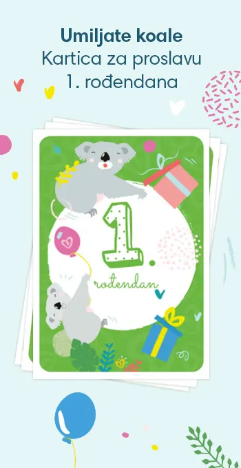 Slavljeničke kartice za proslavu 1. rođendana vaše bebe! Ukrašene veselim motivima uključujući umiljatu koalu i natpis: 1. rođendan