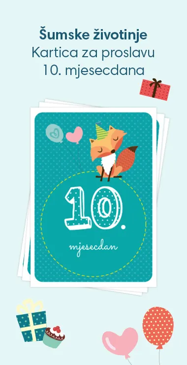 Slavljeničke kartice za proslavu 10. mjesecdana vaše bebe! Ukrašene veselim motivima uključujući preslatku lisicu s party šeširićem i natpis: 10. mjesecdan