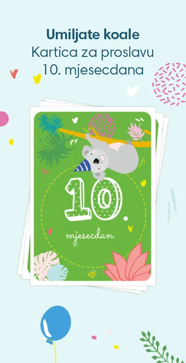 Slavljeničke kartice za proslavu 10. mjesecdana vaše bebe! Ukrašene veselim motivima uključujući umiljatu koalu i natpis: 10. mjesecdan