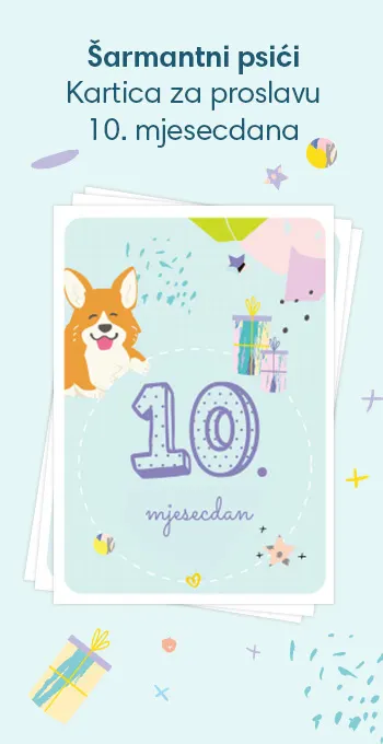 Tiskane čestitke za proslavu 10. mjesecdana vaše bebe! Ukrašene veselim motivima uključujući šarmantnog psića i slavljeničku poruku: 10. mjesecdan!