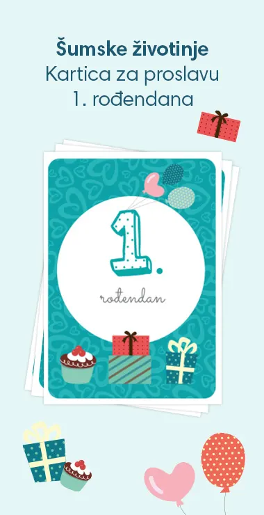 Slavljeničke kartice za proslavu 1. rođendana vaše bebe! Ukrašene veselim motivima uključujući poklone, tortu, balone i natpis: 1. rođendan