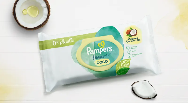 Dječje vlažne maramice. Pampers Harmonie Coco s 0% plastike.