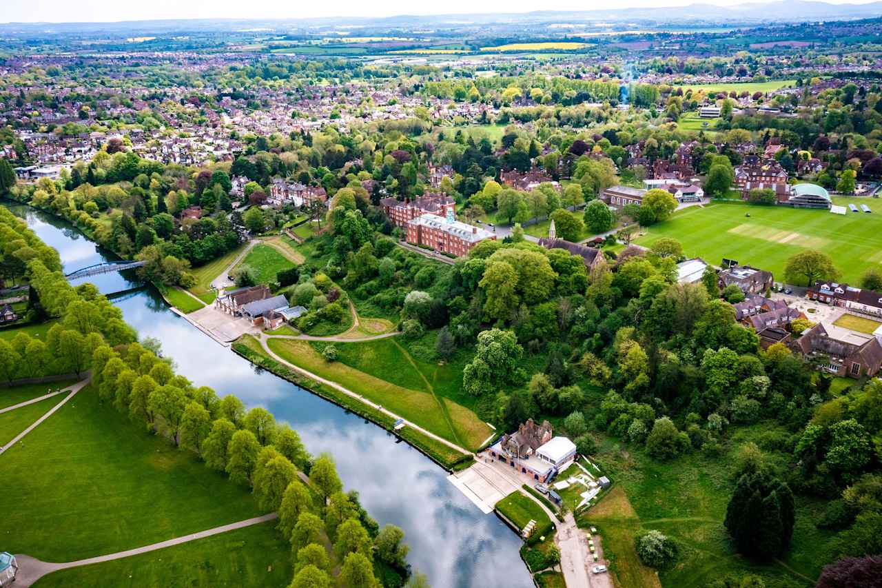 Shrewsbury School - Arial of the school campus, river and surrounding area Shrewsbury School - Arial of the school campus, river and surrounding area