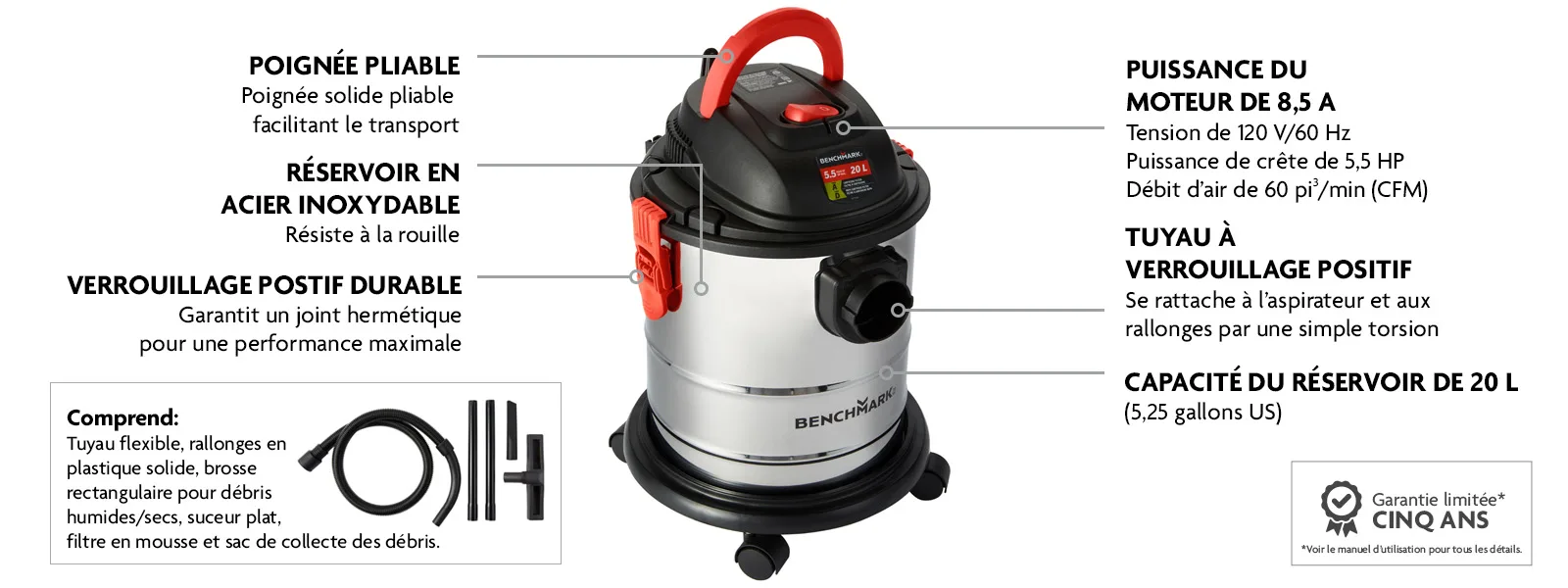 1277023 BENCHMARK 20 L Wet Dry Vacuum - Stainless Steel FR