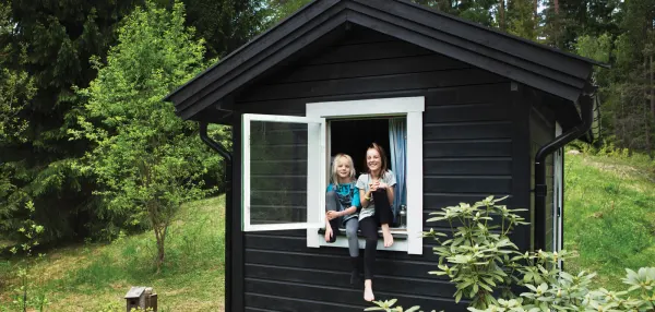 A freshly painted shed