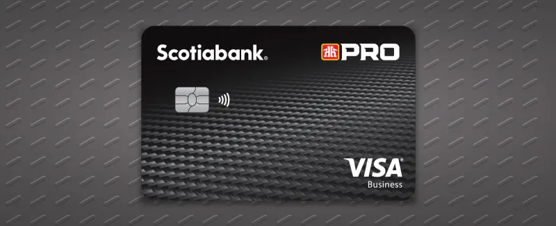 The Scotia Home Hardware PRO Visa Business Card set on a background of textured metal.